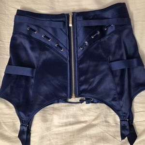 Honey Birdette Imogen Navy Blue Satin Suspender Garter Belt Size Medium